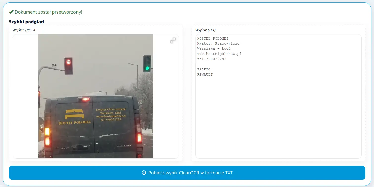 Zdjęcie z&nbsp;telefonu z&nbsp;tekstem na samochodzie odczytane przez OCR AI clearOCR